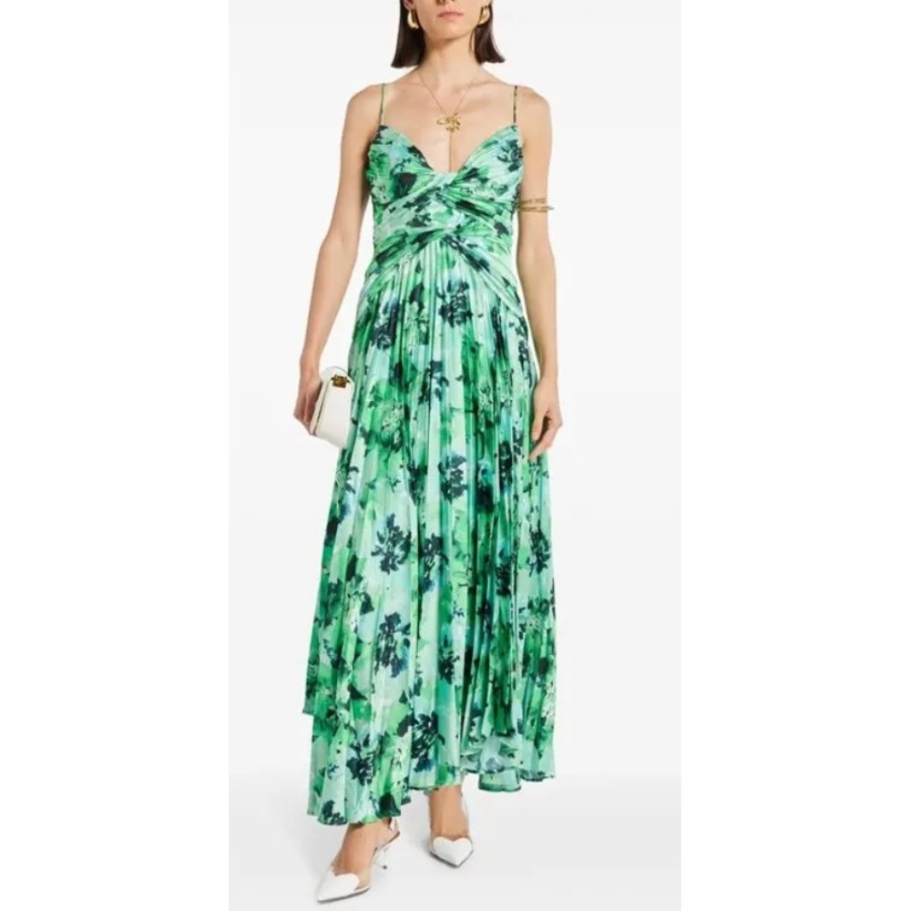 Acler Lancashire Abstract Floral Pleated Midi Dress Ruched V-Neck Size US 2 AU 6